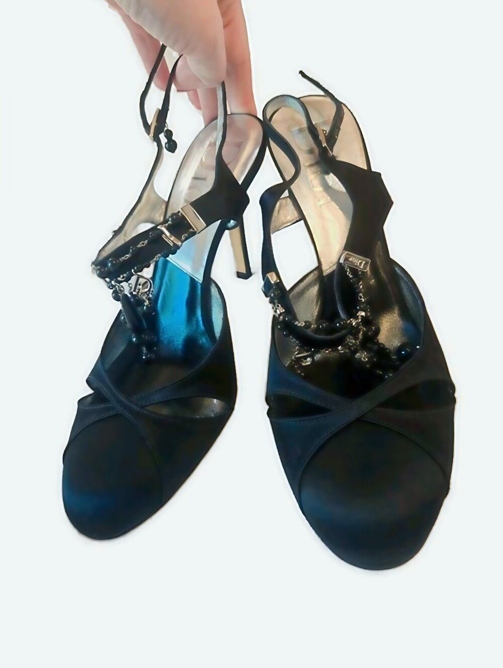 Authentic Dior Black Beaded And Charmed Slingback Heels 38 7.5-8